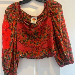 FARM Rio Red and Green Floral Crop Blouse